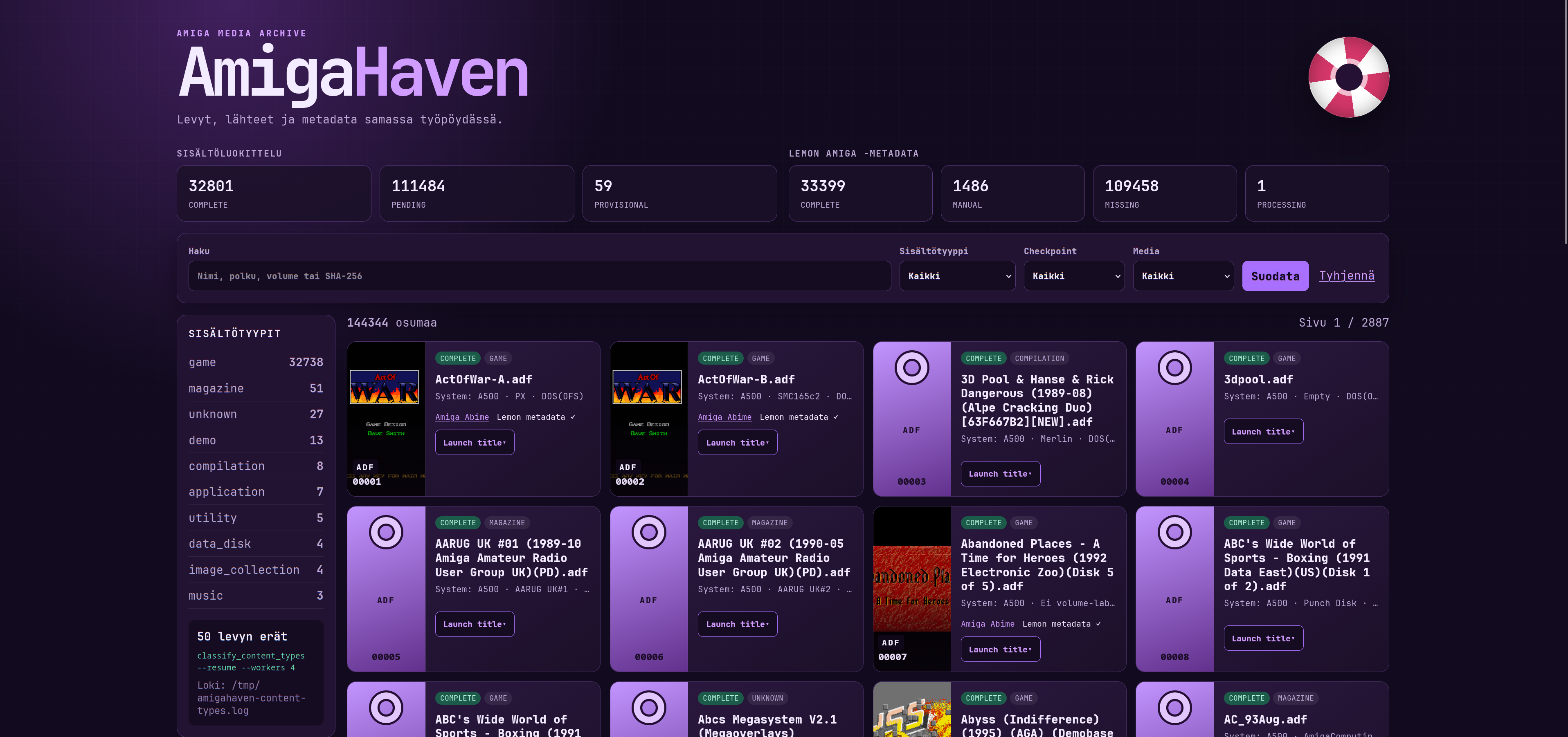 Landing page and collection overview