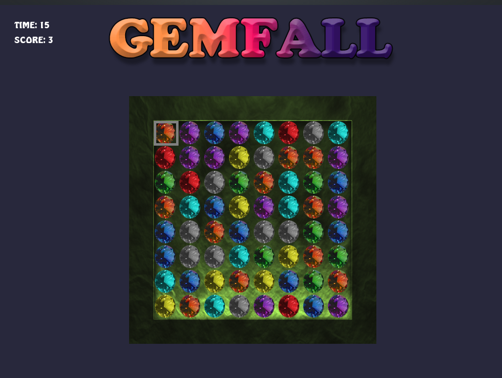 Gemfall game screen with a colorful grid of gems, score and countdown timer